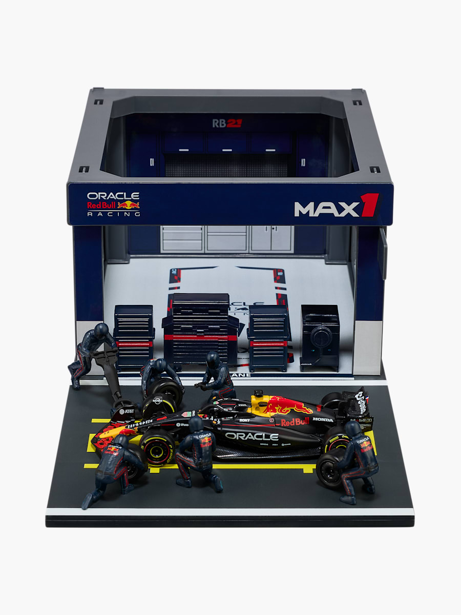 1:43 Oracle Red Bull Racing RB21 Verstappen mit Pit-Garage (M-RBR26152): Oracle Red Bull Racing